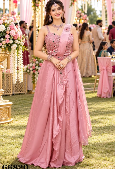 Pink Satin Contemporary Sari with Embroidered and Stone Work